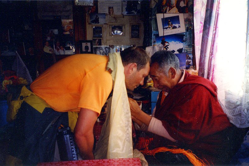 Receiving blessing from renowned Lama Geshe at Everest Base Camp